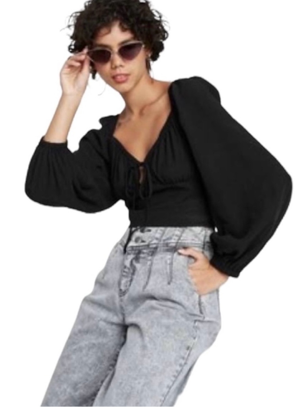 Puff-Sleeve Tie-Front Cropped Blouse